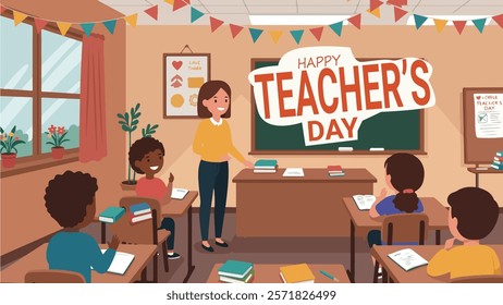 A Happy Teacher’s Day design featuring a teacher in a classroom surrounded by students, celebrating the impact of teachers on education and learning