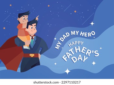 Happy Father’s Day Design with super dad giving son ride on the back. Portrait of happy father giving son piggyback ride on his shoulders.