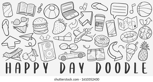 Happy Day Doodle Line Art Illustration. Hand Drawn Vector Clip Art. Banner Set Logos.