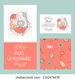 Happy day for the elderly. Lovely greeting card with a holiday. Happy grandfather and his beloved grandson. Floral wreath. Vector illustration. Seamless floral background.