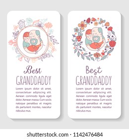 Happy day for the elderly. Lovely greeting card with a holiday. Happy grandfather and his beloved grandson. Floral wreath. Vector illustration.