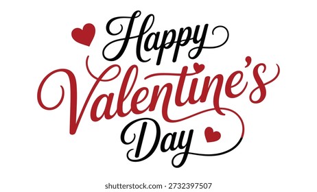 happy valentine’s day elegant calligraphy typography with decorative hearts romantic red and black lettering isolated on white background