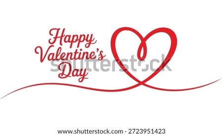Happy valentine’s day elegant red line heart illustration with flowing ribbon and romantic typography on white background, modern love greeting design for valentine celebration