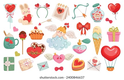 Happy Valentine’s Day elements collection. Sweets, gifts, heart shaped objects, and love symbols and signs. Set of Cartoon vector illustration for greeting card, banner, sticker, package decor.