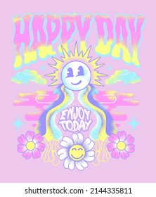 happy day, enjoy today vintage slogan print design with sun, clouds and flowers illustration