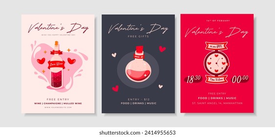 Feliz Día de San Valentín invitaciones a eventos. Diseño artístico abstracto moderno con corazones, poción amorosa, botella de champán y fuente de amor. El amor gana, el amor está en el aire y ser mis conceptos de San Valentín.