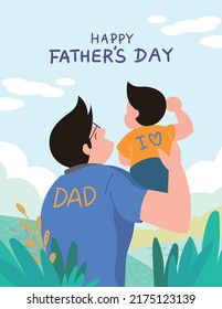 Happy Father’s Day and  father giving son ride on the back. Portrait of happy father giving son piggyback ride on his shoulders. Vector illustration. 