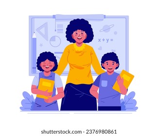 Happy Teacher’s Day. A Female Teacher With Children Students. World Teacher’s Day Celebration