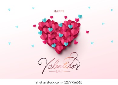 Happy Valentine’s Day festive design banner, greeting card or poster. Vector illustration of Love. Big Heart made of small blue and pink origami hearts flying in the sky. Paper art, digital craft 