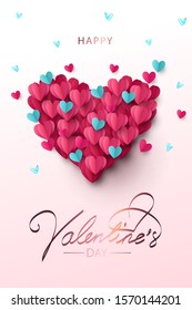 Happy Valentine’s Day festive design vertical banner, greeting card or poster. Vector illustration of Love. Big Heart made of small blue and big pink origami hearts. Paper cut, digital craft style