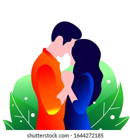 Happy Valentine’s Day Flat Design Vector Illustration of a Romantic Couple in Love who are Holding Their Hand Each Other on White Background with Leaves for Gift, Wallpaper, Greeting Card