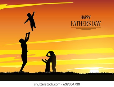 Happy Father'?s Day flyer, banner or poster. Silhouette of a father and his sons.