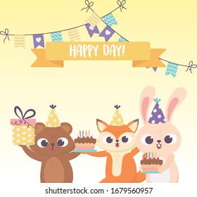 happy day, fox rabbit and bear with hats cakes gift vector illustration