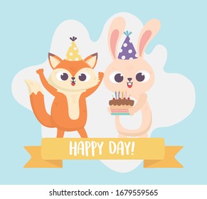 happy day, fox rabbit with cake and party hat vector illustration