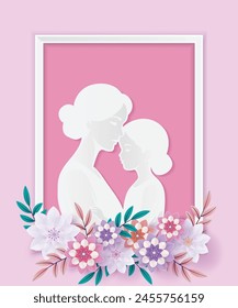 Happy Mother’s Day with Frame Of Flower and Leaves Paper Art Style