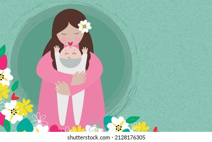 Happy mother´s day greeting card or background with a mother holding and kissing baby lovingly in arms surrounded by flowers. Vector illustration.