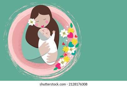 Happy mother´s day greeting card or background with a mother holding and kissing baby lovingly in arms surrounded by flowers. Vector illustration.
