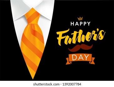 Happy Father’s Day greeting card. Banner concept with striped orange necktie and men's suit on background for father day. Vector illustration