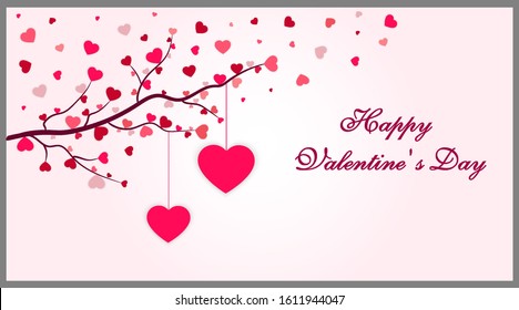 Happy Valentine’s Day greeting card, banner, poster, postcard, flyer. Vector illustration with pink hearts hanging on tree and text on  isolated background