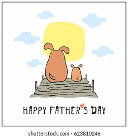 Happy father’s day greeting card in cartoon style with cute dogs. Vector illustration.