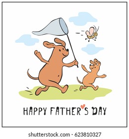 Happy father’s day greeting card in cartoon style with cute dogs. Vector illustration.