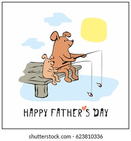 Happy father’s day greeting card in cartoon style with cute dogs. Vector illustration.