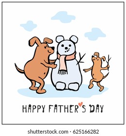 Happy father’s day greeting card in cartoon style with cute dogs. Vector illustration.