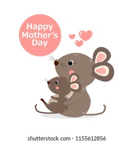 Happy Mother’s day. Greeting card with  cute mom and baby mouse hugging. Vector illustration in cartoon style.