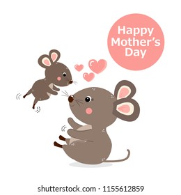 Happy Mother’s day. Greeting card with  cute mom and baby mouse hugging. Vector illustration in cartoon style.