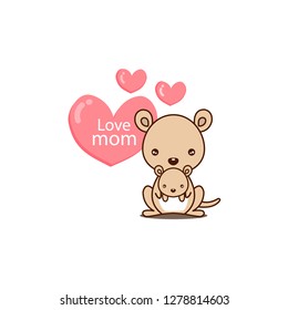 Happy Mother’s day. Greeting card with cute mom and baby kangaroo. Vector illustration in cartoon style.
