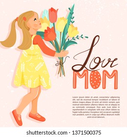 Happy mother’s day greeting card. Cute girl with bouquet of tulips and stylish lettering. Design for banner, posters, cards etc. Vector illustration.