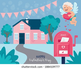 Happy Valentine’s Day Greeting Card With Cute Landscape With Small House, Mail Post And Cute Cupid. Vector Illustration In Flat Style