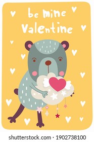 Happy Valentine’s day greeting card – cute bear with heart on cloud. Lettering Be mine Valentine. Vector illustration for celebration.