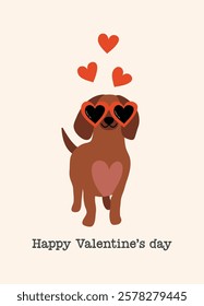 Happy Valentine’s day greeting card. Cute dachshund wearing heart-shaped glasses on a light background. Valentine's day, February 14, love concept. Vector drawings for postcard, card.