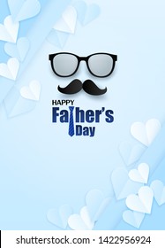 Happy Father’s Day greeting card. Design with heart, necktie and glasses on blue background. light and shadow. Vector.