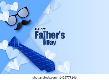 Happy Father’s Day greeting card. Design with heart, necktie and glasses on blue background. light and shadow. Vector.