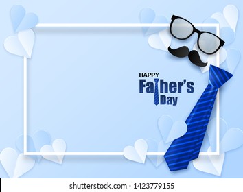 Happy Father’s Day greeting card. Design with heart, necktie and glasses on blue background. light and shadow. Vector.