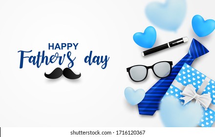 Happy Father’s Day greeting card. Design with heart, necktie, glasses and gift box on white background. light and shadow. Vector.