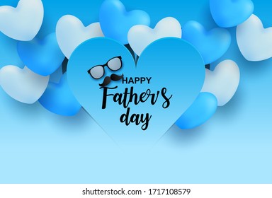 Happy Father’s Day greeting card. Design with hearts on blue background. light and shadow. Vector.