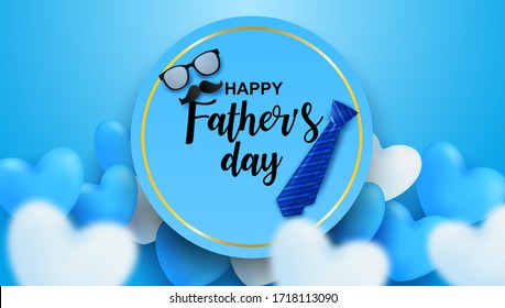 Happy Father’s Day greeting card. Design with hearts on blue background. light and shadow. Vector.