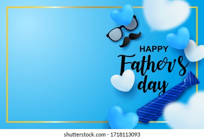 Happy Father’s Day greeting card. Design with hearts on blue background. light and shadow. Vector.