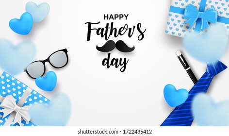 Happy Father’s Day greeting card. Design with heart, necktie, glasses and gift box on white background. light and shadow. Vector.