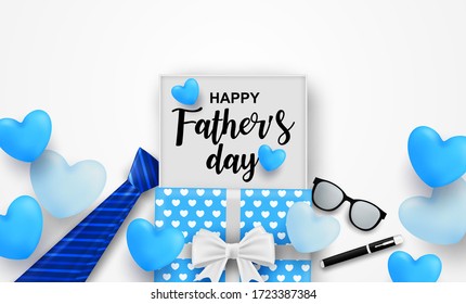 Happy Father’s Day greeting card. Design with heart, necktie, glasses and gift box on white background. light and shadow. Vector.