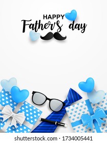 Happy Father’s Day greeting card. Design with heart, necktie, glasses and gift box on white background. light and shadow. Vector.