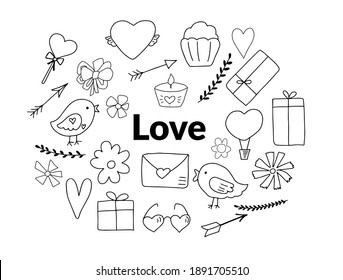 Happy Valentine’s day  greeting card design. Cute doodle love clipart. Hand lettering Love you. 14 February, St Valentine holiday. Wedding clipart, hand drawn romantic illustration