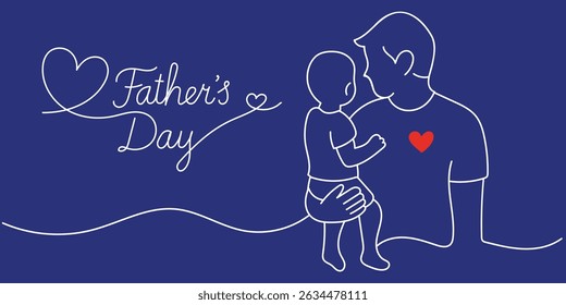 Happy Father’s Day greeting card. Father holding baby in minimal line art style. Father's Day card design on blue background. Vector illustration for holiday design and family themes.