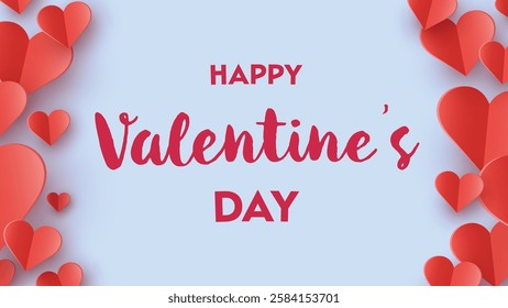 Happy Valentine’s Day greeting card with flying paper cut hearts. Vector illustration 