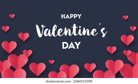 Happy Valentine’s Day greeting card with flying paper cut hearts. Vector illustration 