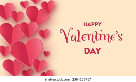 Happy Valentine’s Day greeting card with flying paper cut hearts. Vector illustration 