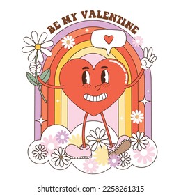 Happy Valentine’s Day greeting card. Groovy heart with legs, arms and daisy flower. Heart cartoon mascot character with peace sign in love. Retro vector illustration for postcard, poster, invitation.